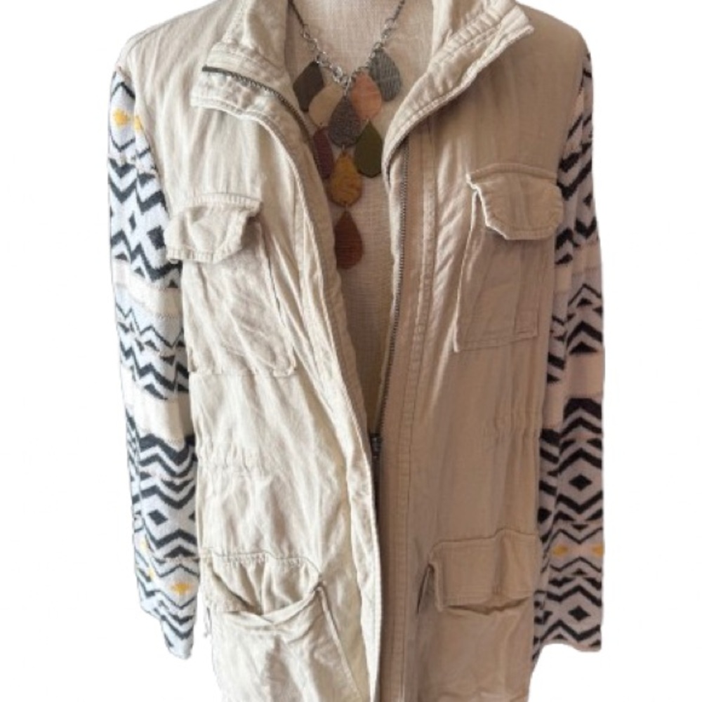 Pixley Beige Utility Jacket With Patterned Sleeve… - image 1